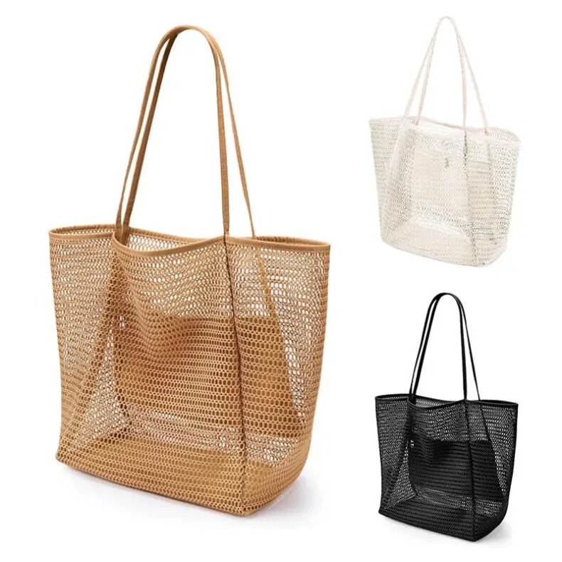 Women's Large Capacity Beach Tote Bag Foldable Mesh Beach Bag Swimming Bag Woven Shoulder Bag with Open Top for Travel Shopping