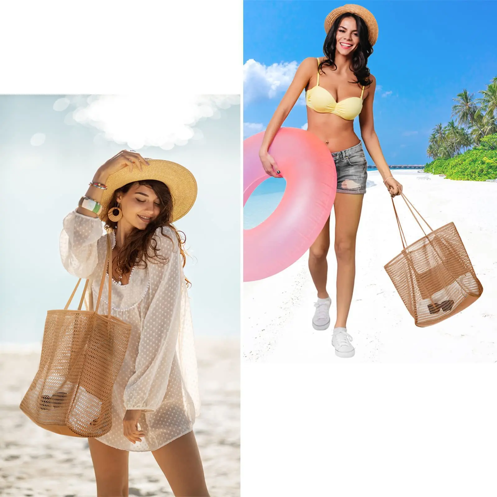 Women's Large Capacity Beach Tote Bag Foldable Mesh Beach Bag Swimming Bag Woven Shoulder Bag with Open Top for Travel Shopping