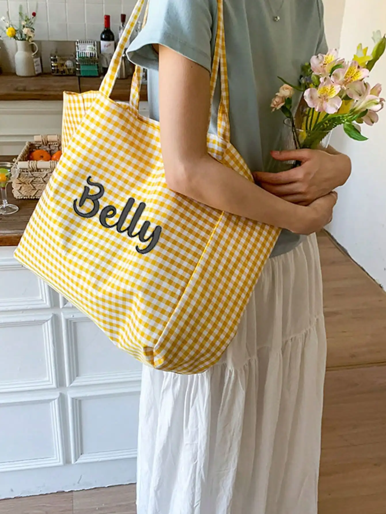 (Customized) Customized embroidered simple checkered canvas shoulder bag original large capacity niche multifunctional commuting